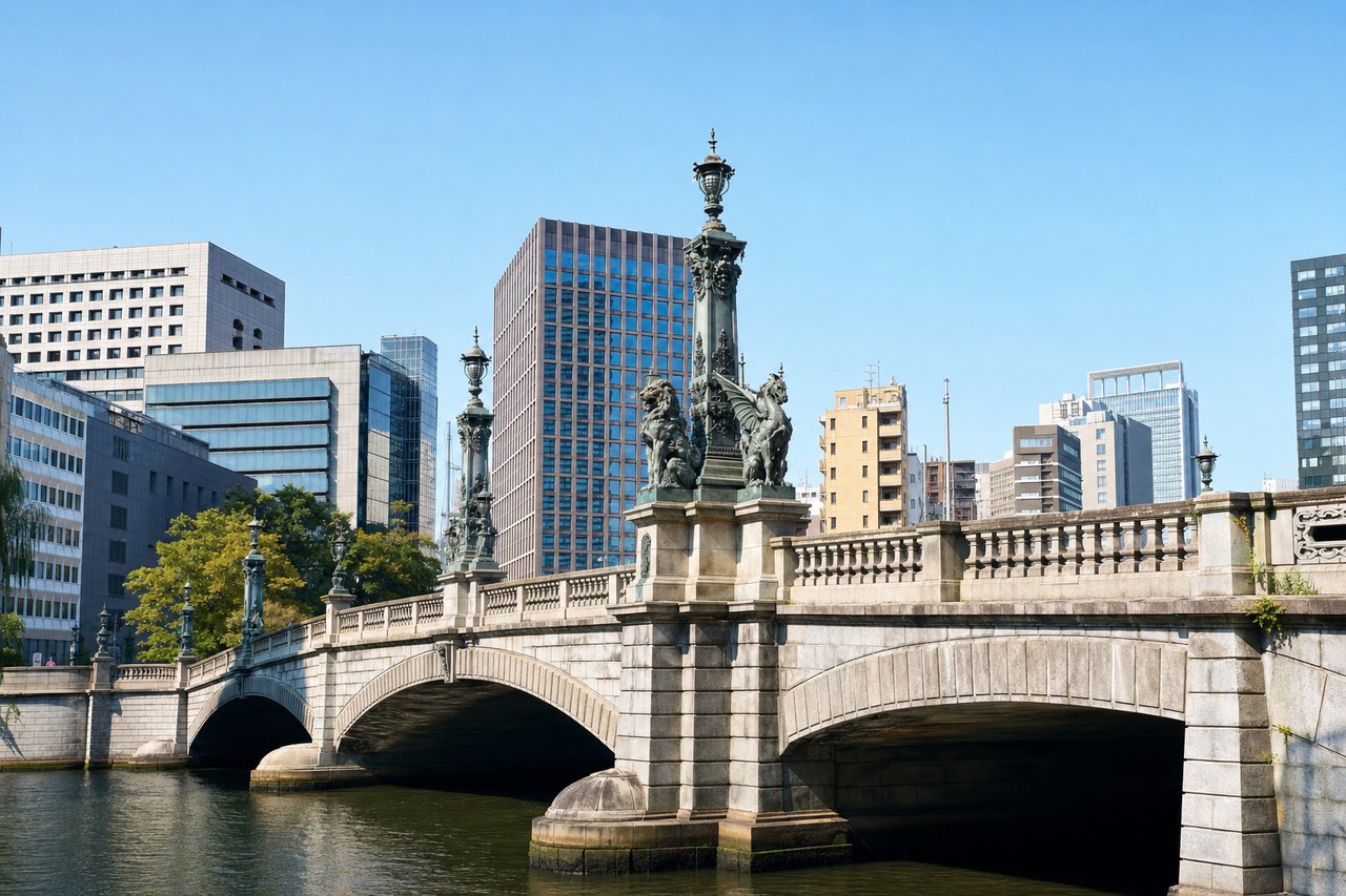 中央区日本橋エリアのシンボル・日本橋（装飾的な石橋）と背後の高層ビル群
