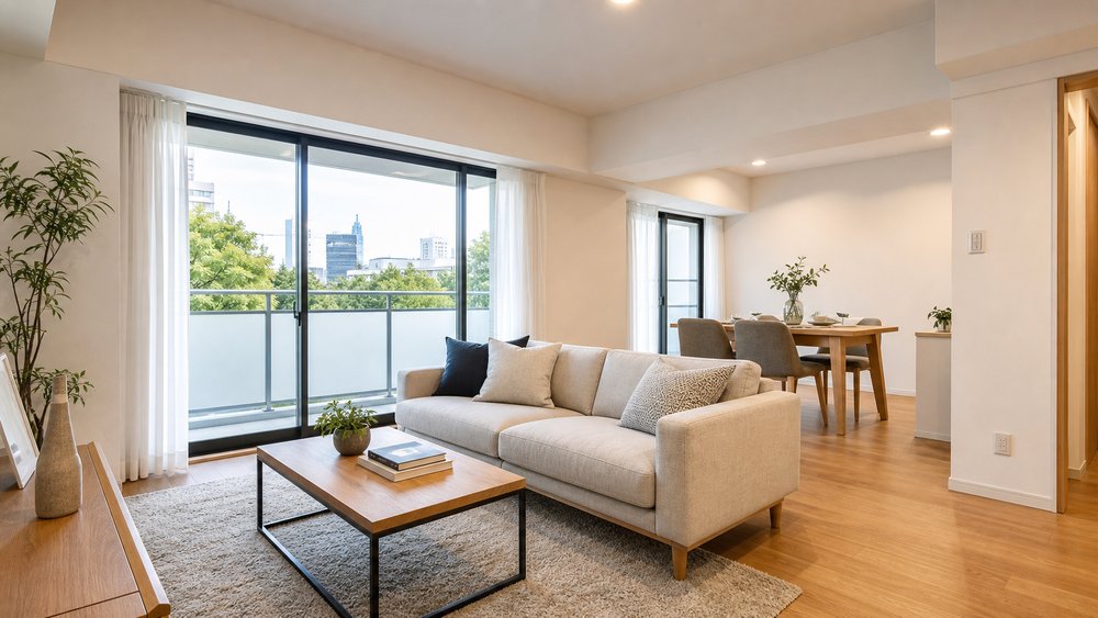 内覧に向けて整えられたマンションの明るい室内