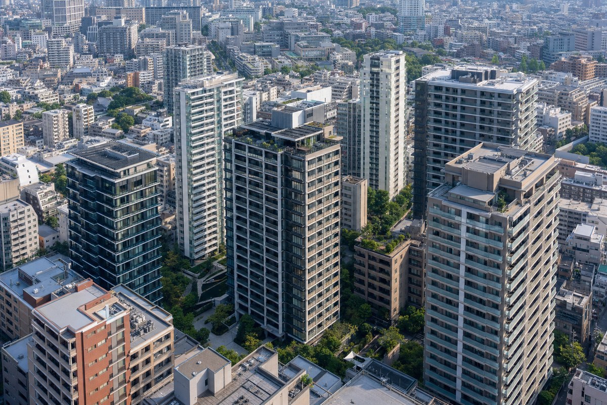 都心の高額帯マンションが立ち並ぶ街並み