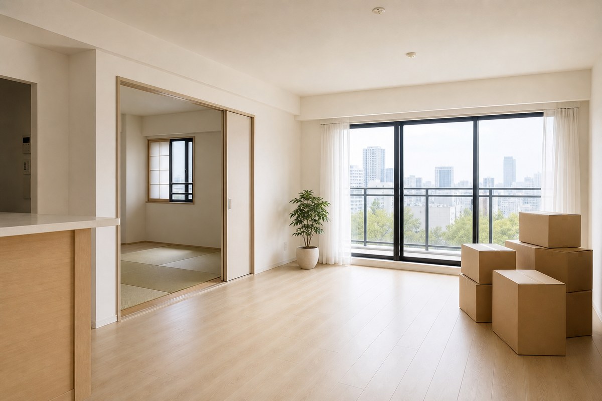 住み替え先となる新居マンションの明るいリビング