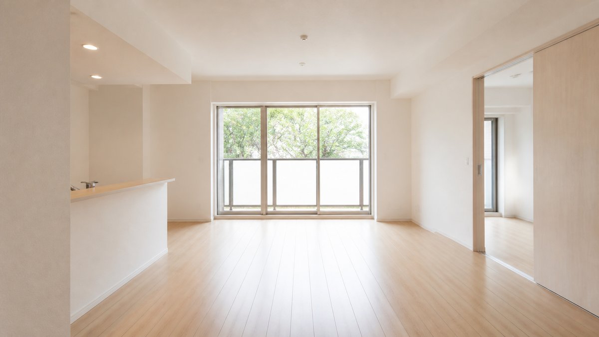 空室の状態で売り出すマンションの明るいリビングダイニング