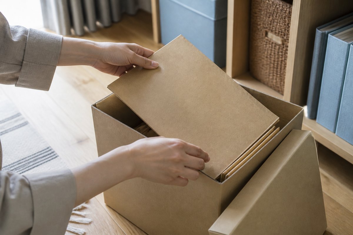 購入時の売買契約書など、保管していた古い書類を探している様子