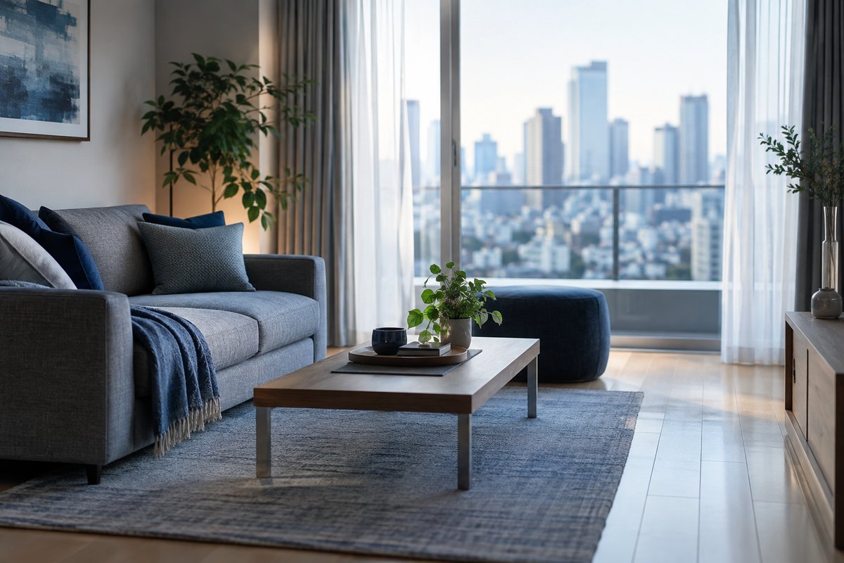 都心の高層マンションの整えられたリビング。大きな窓の外に街並みが見え、訪問査定で確認される室内の状態と眺望を表している
