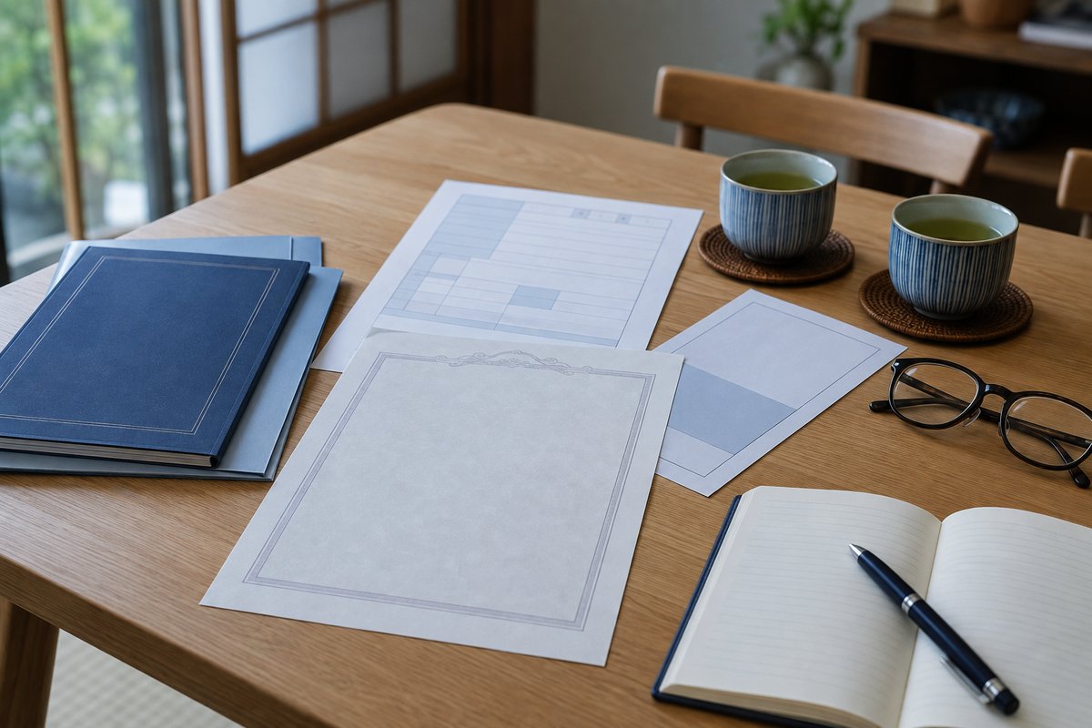 実家の登記事項証明書などの書類とお茶を並べ、家族で実家の方針を話し合う準備をしている様子