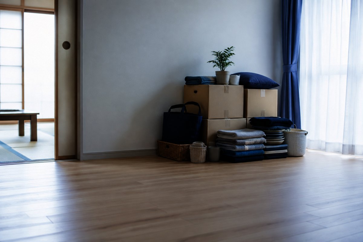 実家のマンションを片づけている様子。整理された段ボールと家財が明るい室内の壁際に置かれている