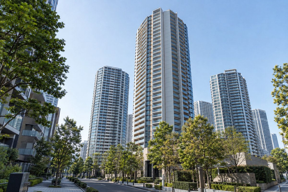 東京都心の高層マンションの外観。街路樹のある通りから見上げた、落ち着いた朝の光の中の住宅棟