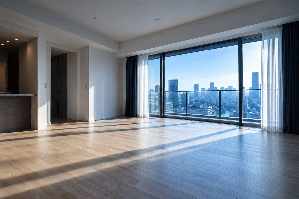 家具のない明るい空室のリビング。大きな窓の外に都心の高層ビル群が見え、空室のまま持ち続けるマンションを表している
